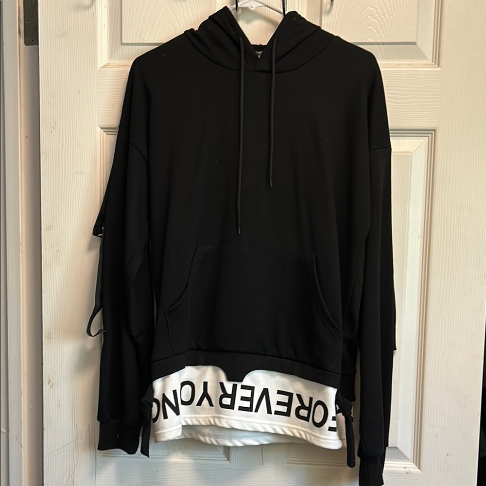 Black Hoodie with White Graphic Hem